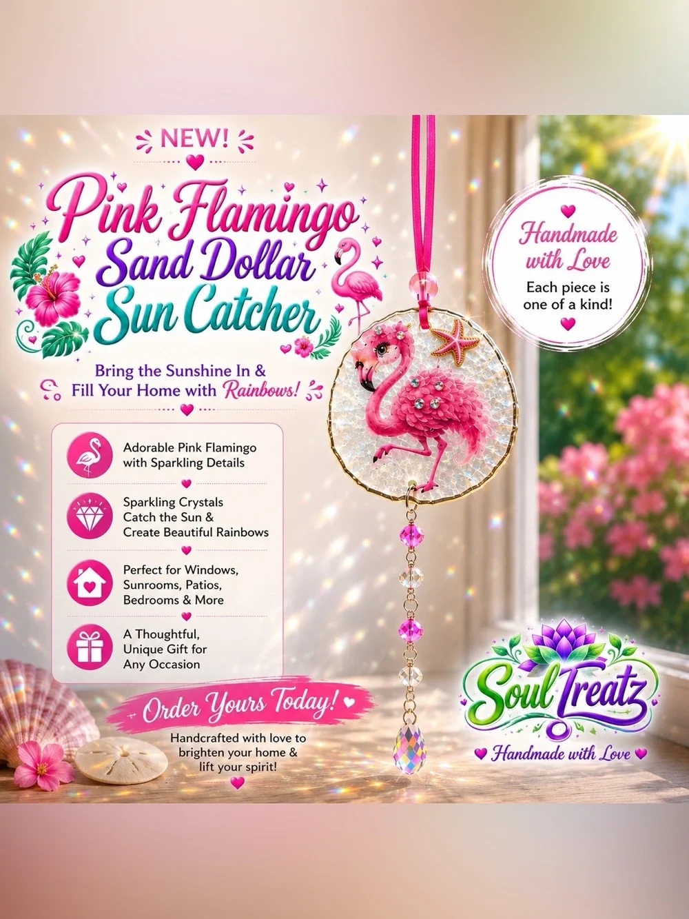 Pink Flamingo Decoupage Sand Dollar Crystal Sun Catcher